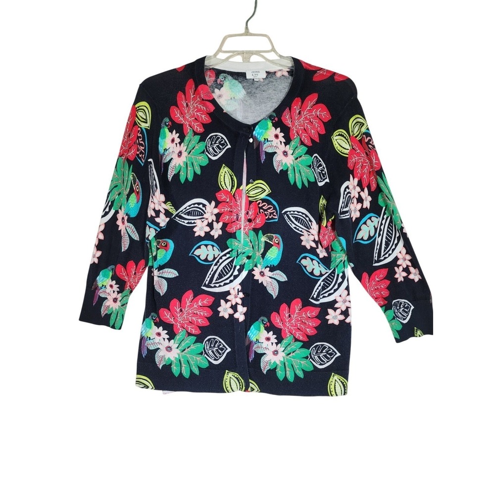 Crown Ivy Curvy 1X Tropical Bird Cardigan Sweater Floral Resort Preppy Coastal